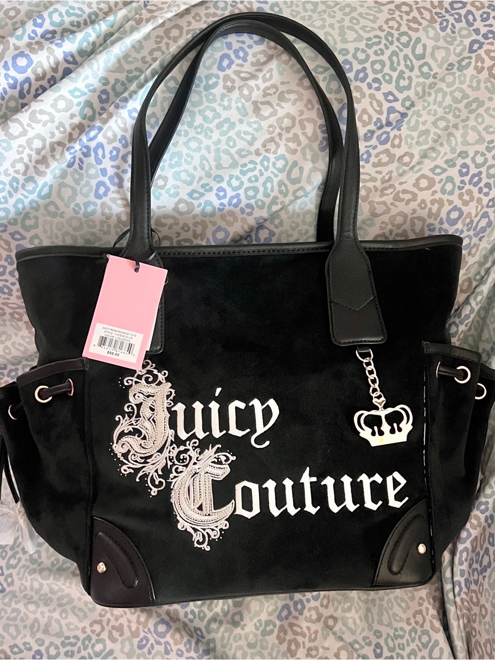 New Black Juicy Couture Purse Renaissance Tote Bag Velour Vintage Style Handbag